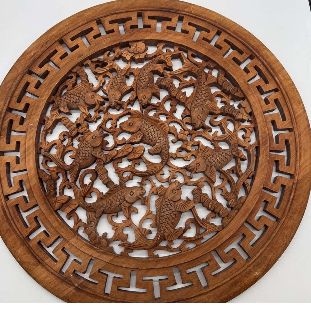 Vintage Hand Carved Wood Wall Art Round Koi‎ Fish Lattice Asian Design Decor